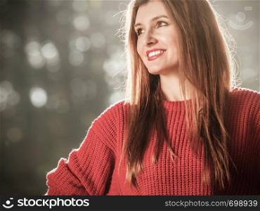 Fall lifestyle concept, harmony freedom. Beauty young woman portrait, fashion girl relaxing walking in autumnal park, outdoor sunny day