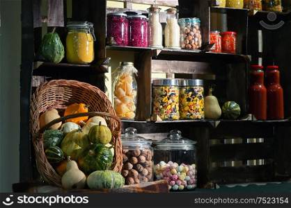 Fall Pantry with Jars With Pickled Vegetables