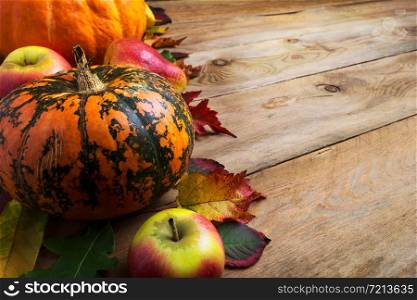 Fall rustic abundance cornucopia background with pumpkin, apples, pears, copy space