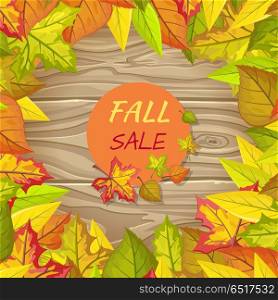 Fall Sale Banner Isolated on Wooden Background. Fall sale round banner isolated on wooden background in foliage frame. Best quality and price. Autumn sale tag. Sale element. Special offer. Discount price poster. Leader of sales. Vector illustration