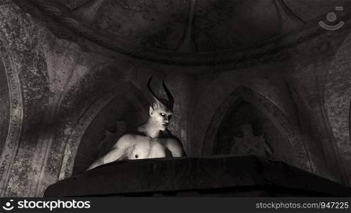 Fallen angel satan in a crypt - 3d rendering. Fallen angel satan in a crypt