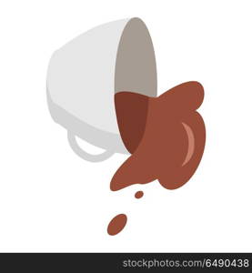 Fallen Coffee Cup with Spilled Coffee. Fallen white coffee cup with spilled coffee in flat. Coffee spill icon. Coffee stain. Isolated object in flat design on white background. Vector illustration.