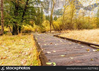 Fallen yellow autumn leaves on the boardwalk. Meadow in Yosemite National Park Valley with Yosemite Falls at cloudy autumn morning. Low clouds lay in the valley. California, USA.