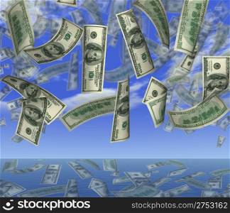 Falling 100 dollar banknotes on a background of the sky in ocean
