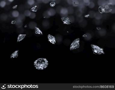 Falling 3D diamonds on black background