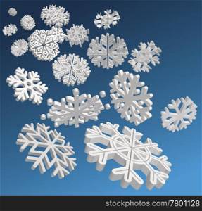 Falling 3D snowflakes. Vector. 3D Snowflakes