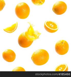 falling and exploding ripe oranges cut out from white