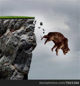 Falling bear market financial decline business and plummeting finance concept for losing investment and value taking a nose dive as a bear in a free fall dive off a cliff as a bearish icon in a financial collapse and stock market crisis.