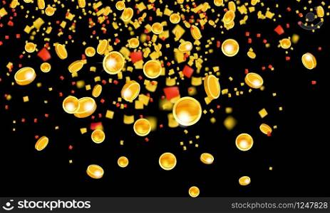 Falling coins with tinsel, falling money, flying gold coins, golden rain. Jackpot or success concept. Modern background. Vector illustration. Falling flying gold coins with tinsel money from the top golden rain. On a black background. Jackpot or success concept. Vector illustration isolated