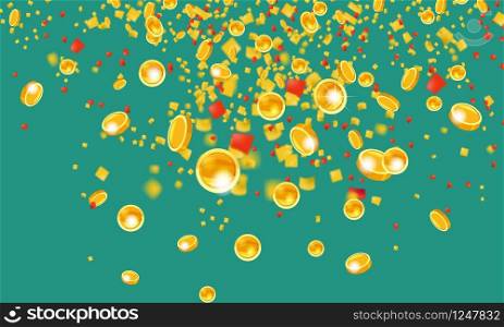 Falling coins with tinsel, falling money, flying gold coins, golden rain. Jackpot or success concept. Modern background. Vector illustration. Falling flying gold coins with tinsel money from the top golden rain. On a green background. Jackpot or success concept. Vector illustration isolated