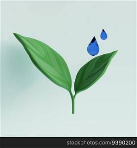 Falling drop of water on the green leafs. Ecological concept. 3d render illustration