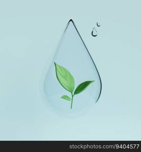 Falling drop of water with green leafs inside. Modern 3d graphic ecological concept. Render illustration