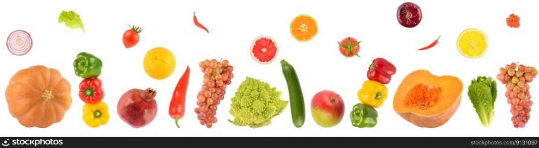 Falling fresh vegetables and fruits isolated on white background.