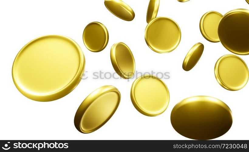 Falling gold coins, golden coins rain on black background. 3D render isolated