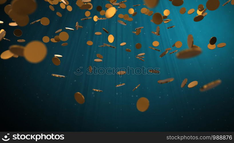 Falling Gold coins on black background animation 3D rendering