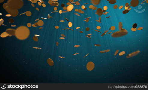 Falling Gold coins on black background animation 3D rendering