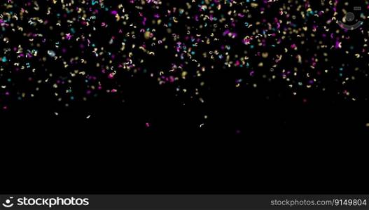 Falling golden glitter confetti isolated on black background. Shiny particles. Party, Merry Christmas, Happy New year, Birthday decoration. Celebration background. Above border. Soft focus. 3D render. Falling golden and colorful confetti isolated on black background. Shiny particles. Party, Merry Christmas, Happy New year, Birthday decoration. Celebration background. Upper border. 3D render.