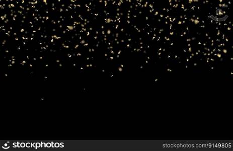 Falling golden glitter confetti isolated on black background. Shiny particles. Party, Merry Christmas, Happy New year, Birthday decoration. Celebration background. Upper border. Soft focus. 3D render. Falling golden glitter confetti isolated on black background. Shiny particles. Party, Merry Christmas, Happy New year, Birthday decoration. Celebration background. Upper border. Soft focus. 3D render.