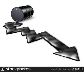 Falling oil prices and decrease of petroleum costs concept as a barrel pouring out black liquid shaped as a downward chart arrow as a metaphor for energy stock market decline and loss due to the economy and the new green energy industry.