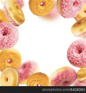 Falling or flying pink glazed doughnuts with sprinkles in motion at withe background , frame