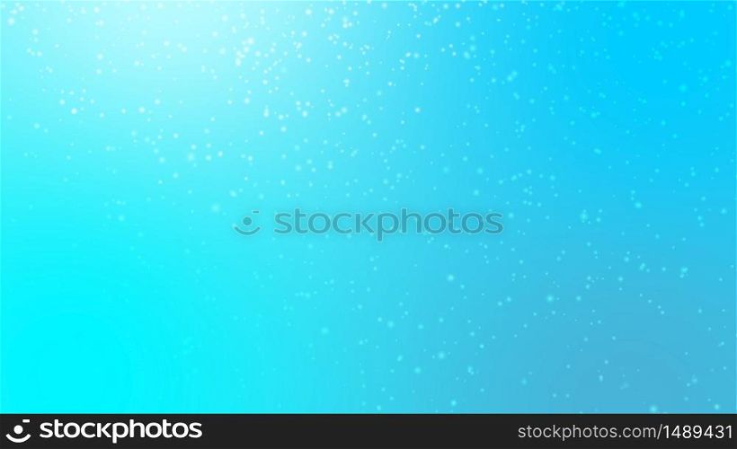 Falling particles snowflakes on blue pastel background. Abstract snow fall light with lens flare. Merry Christmas and winter scenery. Festive Holiday concept. Dust Particles Background Bokeh blur