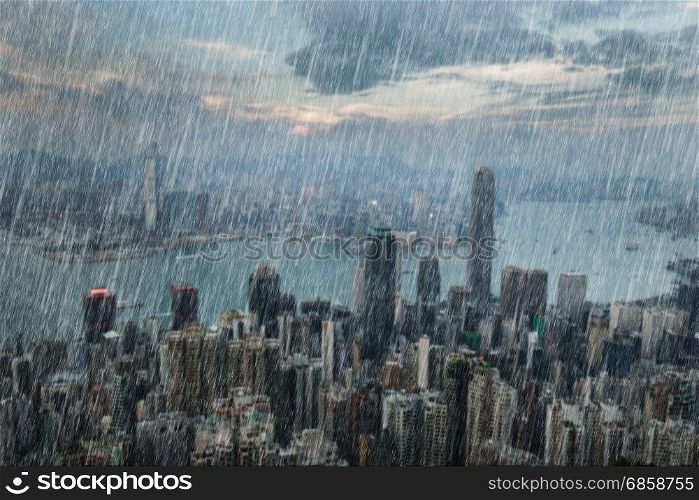 falling rain in Hong Kong city, China