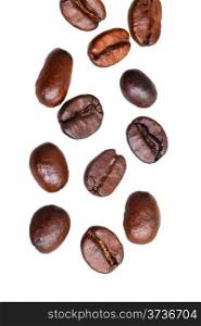 falling roasted coffee beans isolated on white background