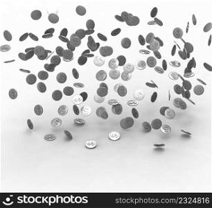 Falling silver coins from above isolated on white background. 3d illustration