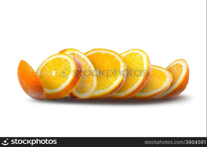 Falling slices of orange isolated on white