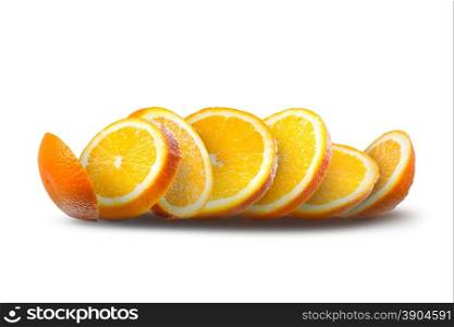 Falling slices of orange isolated on white
