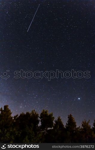 Falling stars over the forest at the Troodos mountains in Kakopetria village in Cyprus