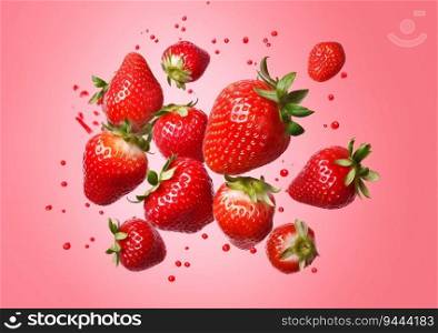 Falling strawberries on pink bacground.Macro.Top view.AI generative.