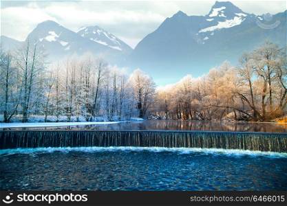 Falls in the winter. Picturesque scenery of winter. winter mountains. Norway