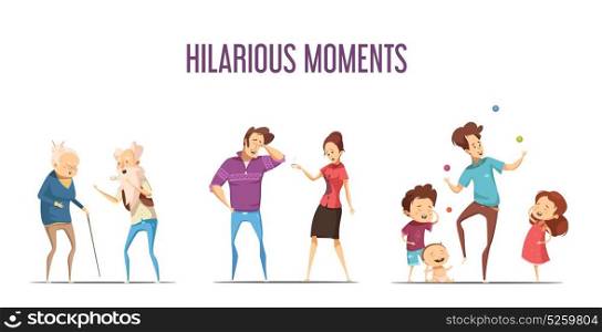Families Couples Hilarious Moments Cartoon Set . Hilarious funny life moments 3 retro cartoon icons set with couples and young family isolated vector illustration