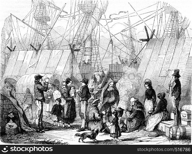 Families of migrants camped at the port of Le Havre, vintage engraved illustration. Magasin Pittoresque 1844.