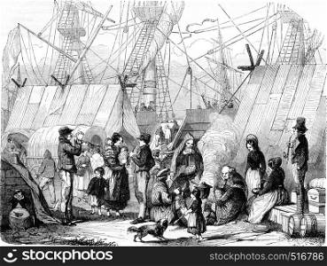 Families of migrants camped at the port of Le Havre, vintage engraved illustration. Magasin Pittoresque 1844.