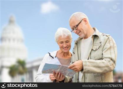 family, age, tourism, travel and people concept - happy senior couple with map over washington white house background
