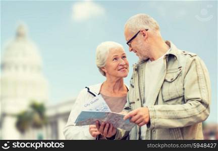 family, age, tourism, travel and people concept - happy senior couple with map over washington white house background