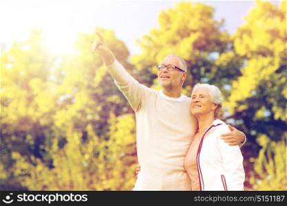 family, age, tourism, travel and people concept - senior couple hugging and pointing finger in park. senior couple hugging in park