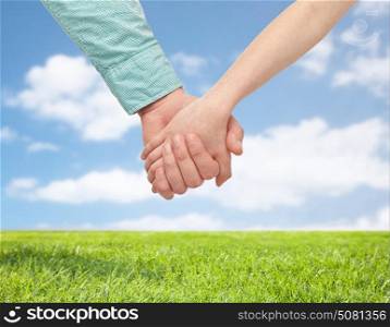 family and people concept - happy father and child holding hands over blue sky and grass background. happy father and child holding hands