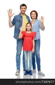 family and people concept - happy smiling mother, father and little daughter waving hand over white background. happy family waving hand over white background