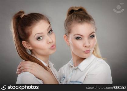 Family and relations. Love and affection concept. Two lovely attractive women playing together. Charming playful sisters have fun smiling. Girls blowing kiss.. Lovely playful sisters women portrait.
