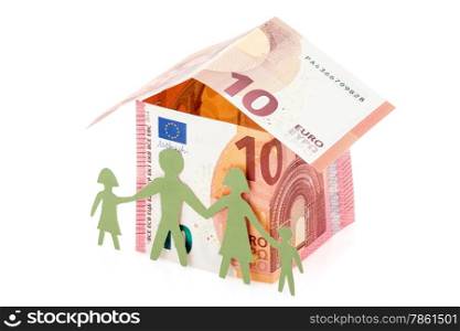 Family and their Euro house made from banknotes