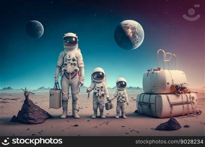 Family Astronauts Tourists Colonizers Vacation Trip on other Pla≠t. Ge≠rative AI. High quality illustration. Family Astronauts Tourists Colonizers Vacation Trip on other Pla≠t. Ge≠rative AI