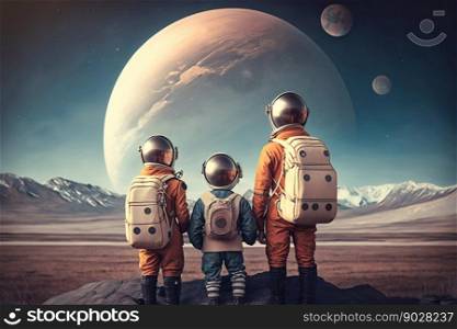 Family Astronauts Tourists Colonizers Vacation Trip on other Pla≠t. Ge≠rative AI. High quality illustration. Family Astronauts Tourists Colonizers Vacation Trip on other Pla≠t. Ge≠rative AI