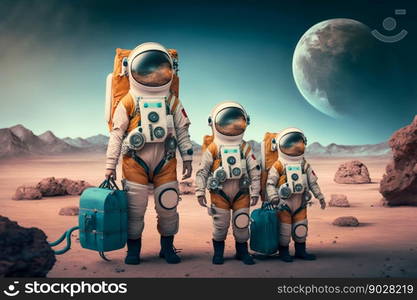 Family Astronauts Tourists Colonizers Vacation Trip on other Planet. Generative AI. High quality illustration. Family Astronauts Tourists Colonizers Vacation Trip on other Planet. Generative AI