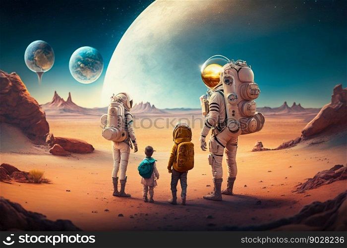 Family Astronauts Tourists Colonizers Vacation Trip on other Planet. Generative AI. High quality illustration. Family Astronauts Tourists Colonizers Vacation Trip on other Planet. Generative AI