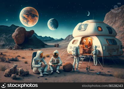 Family Astronauts Tourists Colonizers Vacation Trip on other Planet. Generative AI. High quality illustration. Family Astronauts Tourists Colonizers Vacation Trip on other Planet. Generative AI