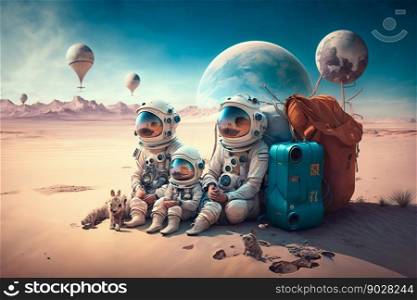 Family Astronauts Tourists Colonizers Vacation Trip on other Planet. Generative AI. High quality illustration. Family Astronauts Tourists Colonizers Vacation Trip on other Planet. Generative AI