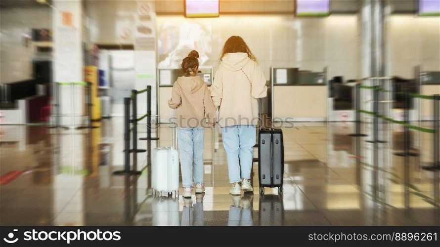 Family at airport before flight. back view of mother with daughter with suitcases going to the check-in desk for her flight. Traveling and flying with children on holiday or weekend. Family at airport before flight. back view of mother with daughter with suitcases going to the check-in desk for her flight. Traveling and flying with children on holiday or weekend.
